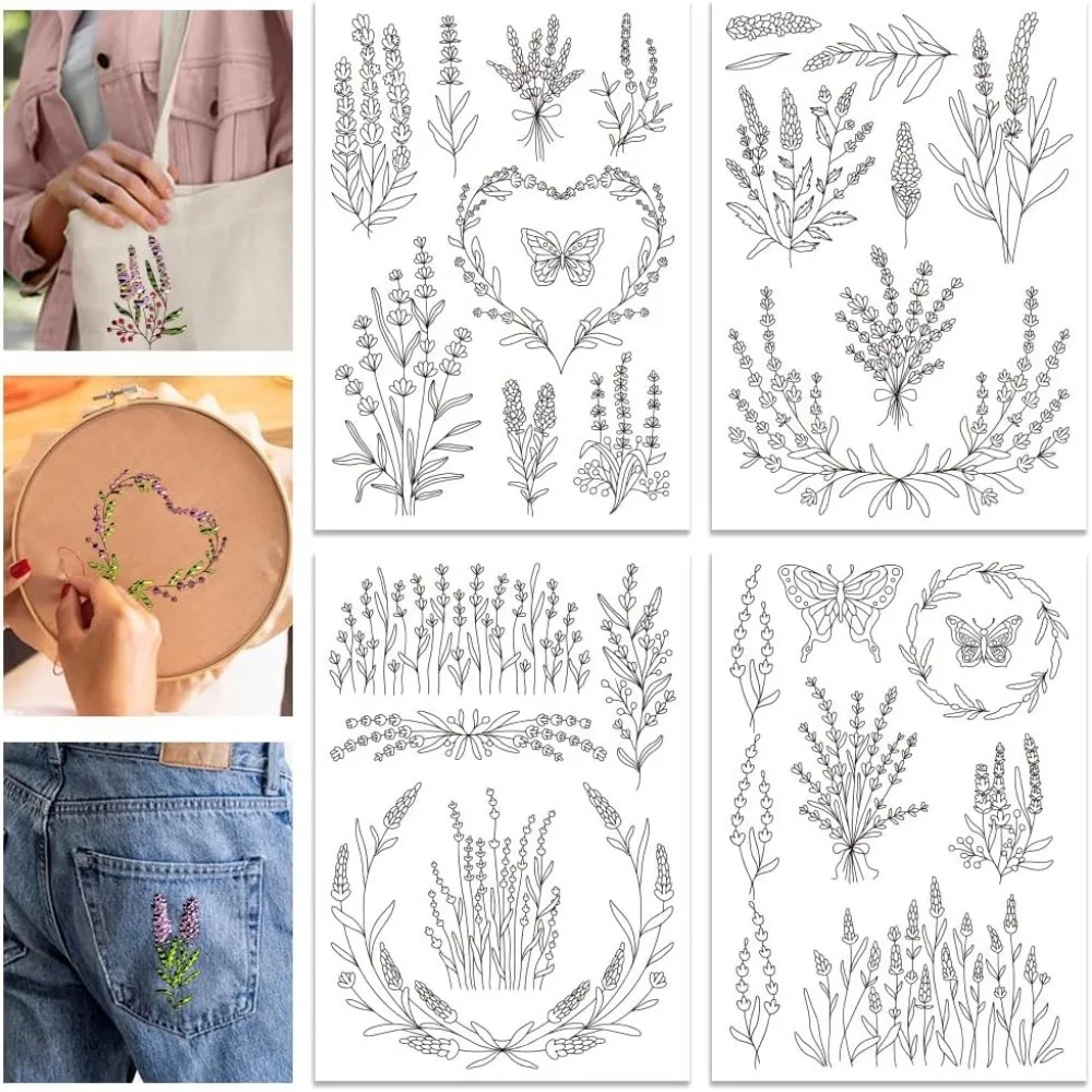Embroidery Cloth - 4 fogli di lavanda fiore farfalla