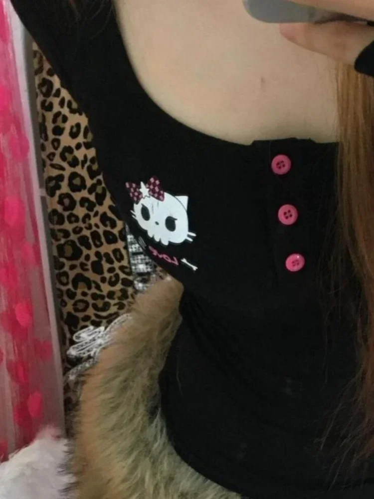 Embroidery Print - T-Shirt Vintage Y2K con Stampa Cartoon