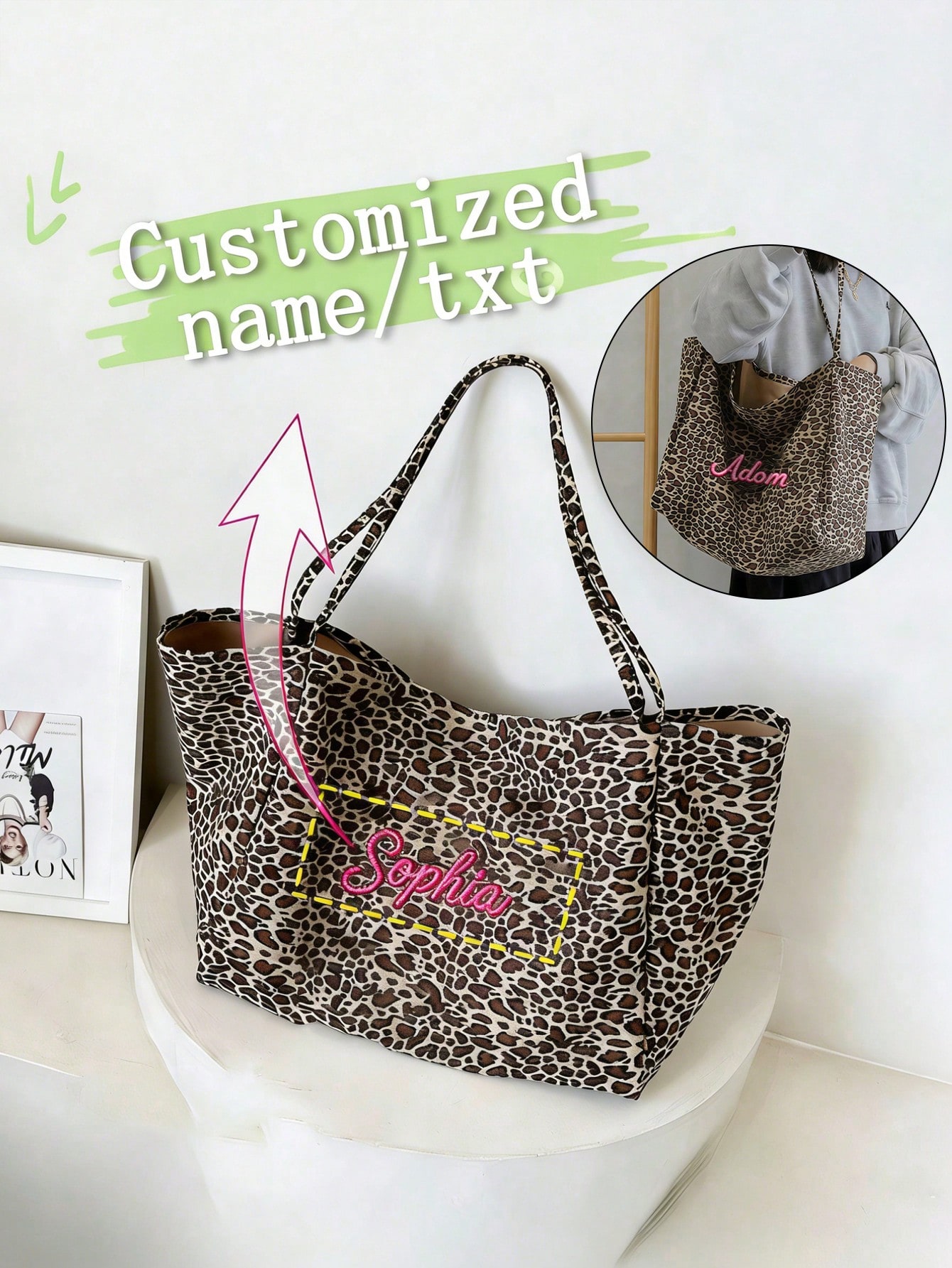 Embroidery Names - Borsa tote con stampa leopardata con